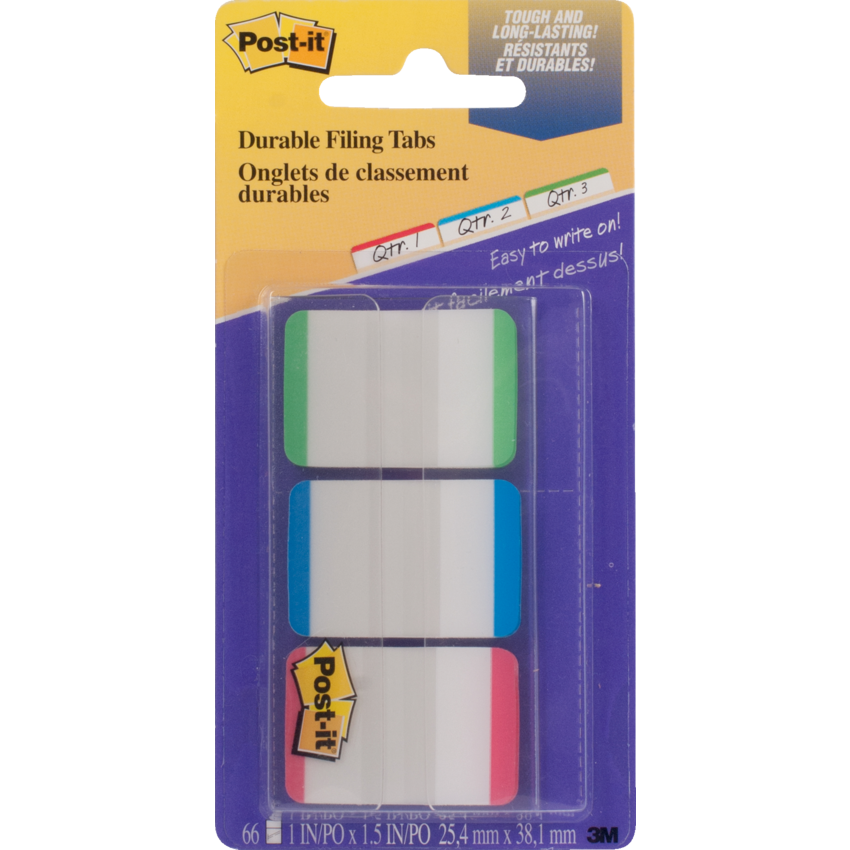 Post-it® Filing Tabs 1" Flat 22 tabs per pad, Green, Blue, Red 3 pads/pkg