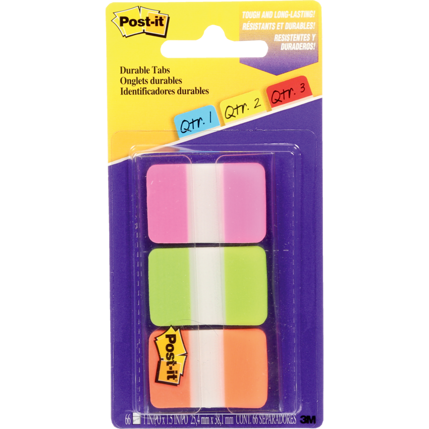 Post-it® Tabs 1" 22 tabs per pad, Pink, Green and Orange 3 pads/pkg