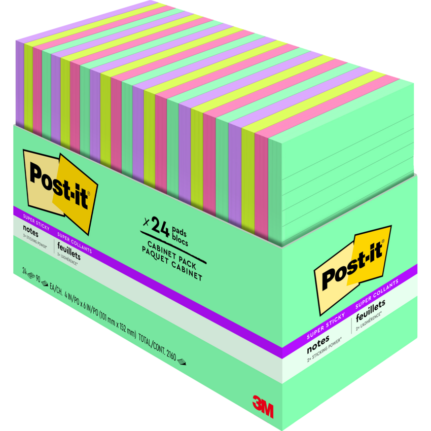 Post-it® Super Sticky Notes Cabinet Pack Lined 4" x 6" Supernova Neons Colours 24 pads/pkg