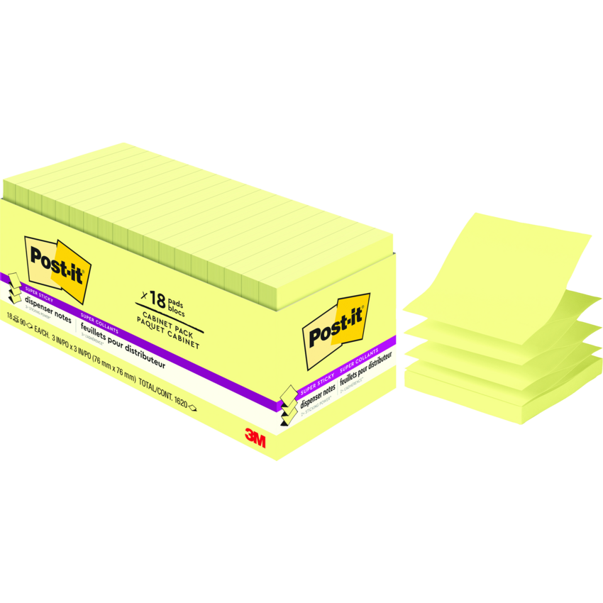 Post-it® Super Sticky Dispenser Notes Cabinet Pack 3" x 3" Canary Yellow 18 pads/pkg