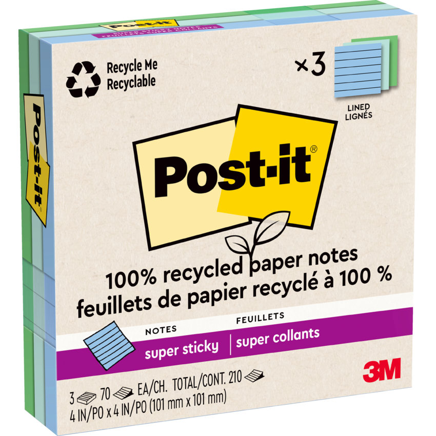 Post-it® 100% Recycled Super Sticky Notes 4" x 4" 70 sheets per pad Assorted Oasis Colours 3 pads/pkg