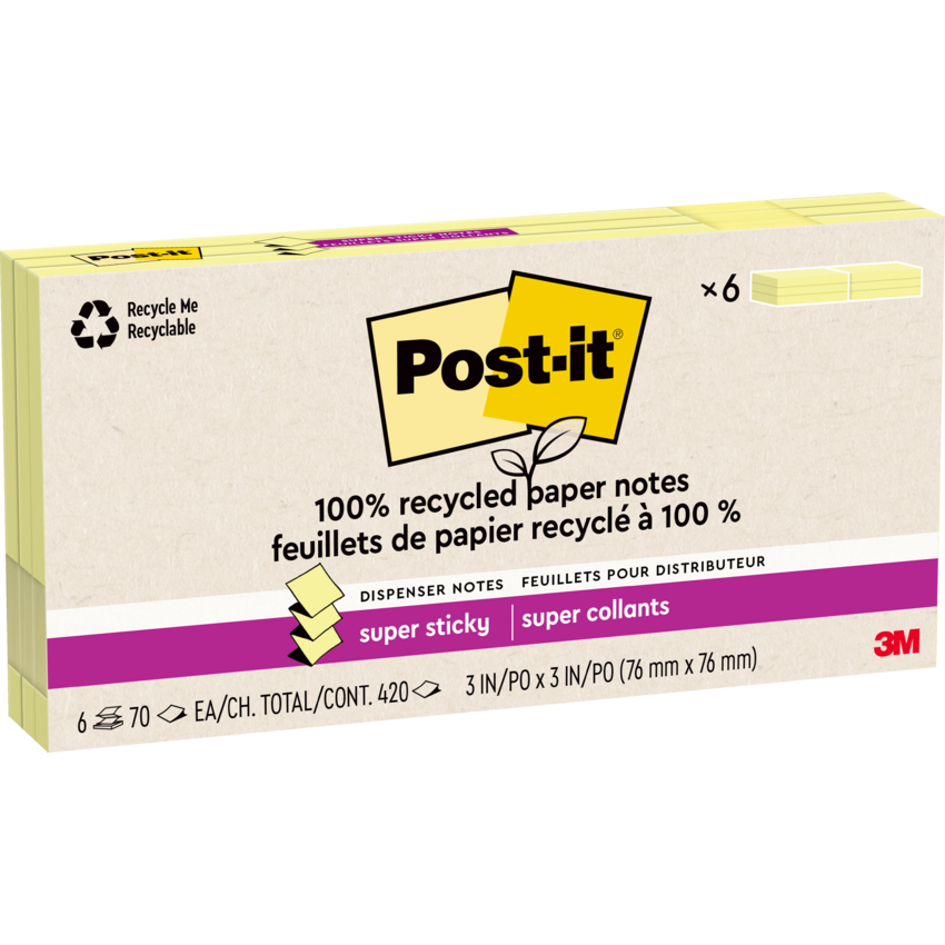 Post-it® 100% Recycled Paper Super Sticky Dispenser Notes 3" x 3" 70 sheets per pad Canary Yellow™ 6 pads/pkg