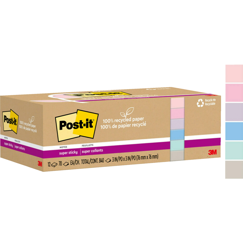 Post-it® 100% Recycled Paper Super Sticky Notes 3" x 3" 70 sheets per pad Assorted Wanderlust Pastel Colours 12 pads/pkg