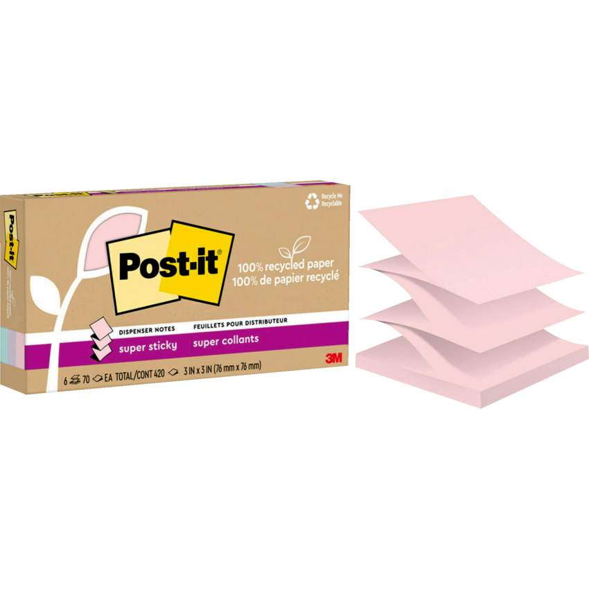 Post-it® 100% Recycled Paper Super Sticky Dispenser Notes 3" x 3" 70 sheets per pad Assorted Wanderlust Pastel Colours 6 pads/pkg