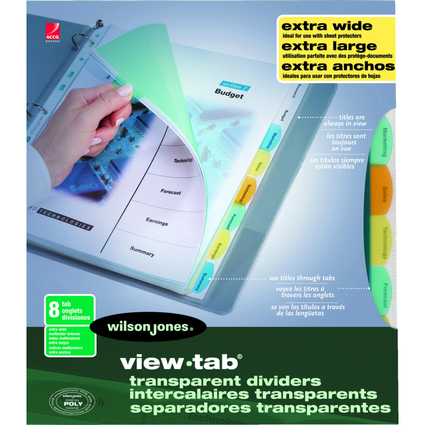 Wilson Jones® View-Tab® Transparent Dividers Extra Wide Assorted Colours 8 Tabs/set