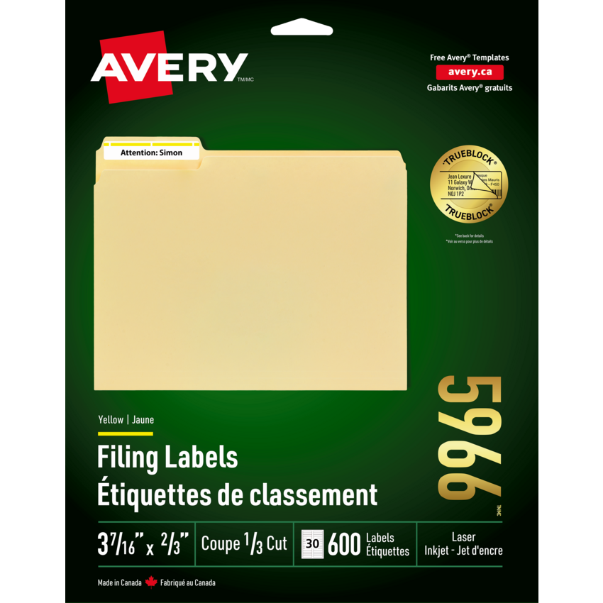 Avery® TrueBlock™  Filing Labels Laser and Inkjet Yellow (600 Labels) 20 sheets/pkg