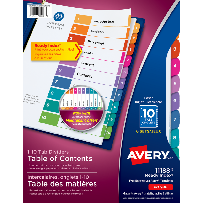 Avery® Ready Index® Table of Contents Dividers Coloured 1-10 6 sets/pkg