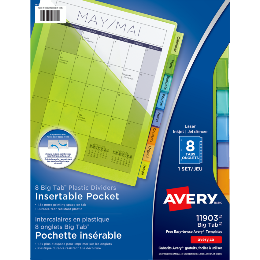Avery® Big Tab® Insertable Plastic Dividers 8 Tabs with Pockets Assorted Translucent Colours