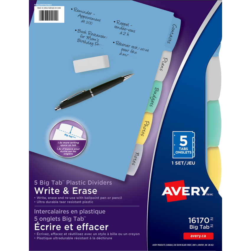 Avery® Write-On Dividers 5 Tab 8-1/2" x 11" Assorted Colours