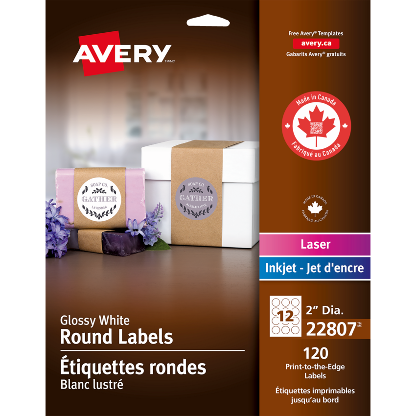 Avery® Print-to-the-Edge Round Labels 2" Glossy White 120/pkg