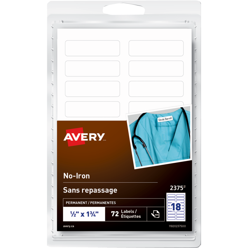 Avery® No-Iron Fabric Labels 1/2" x 1-3/4" White 72/pkg