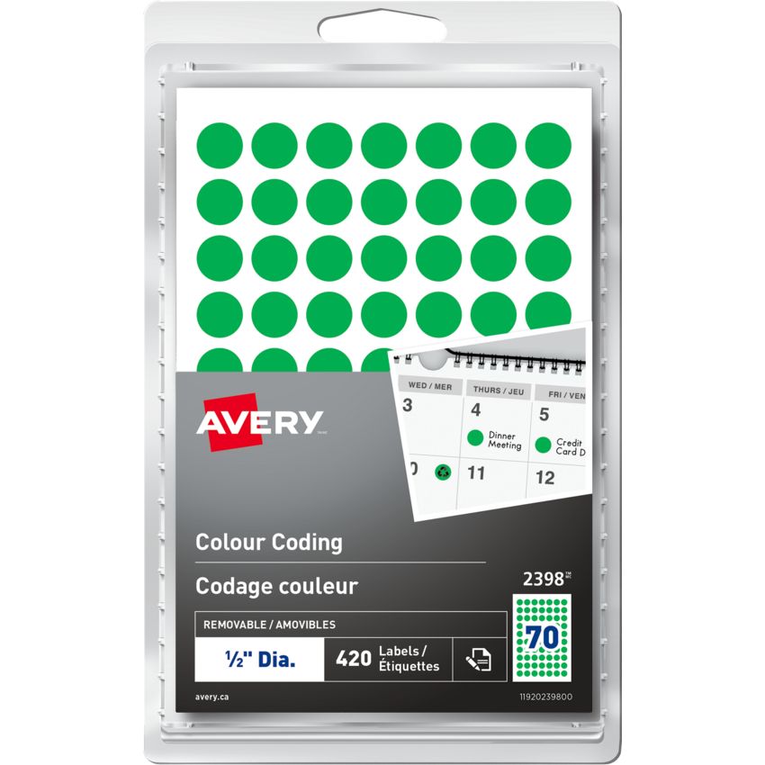 Avery® Colour Coding Labels Round Non-Printable 1/2" Green 420/pkg