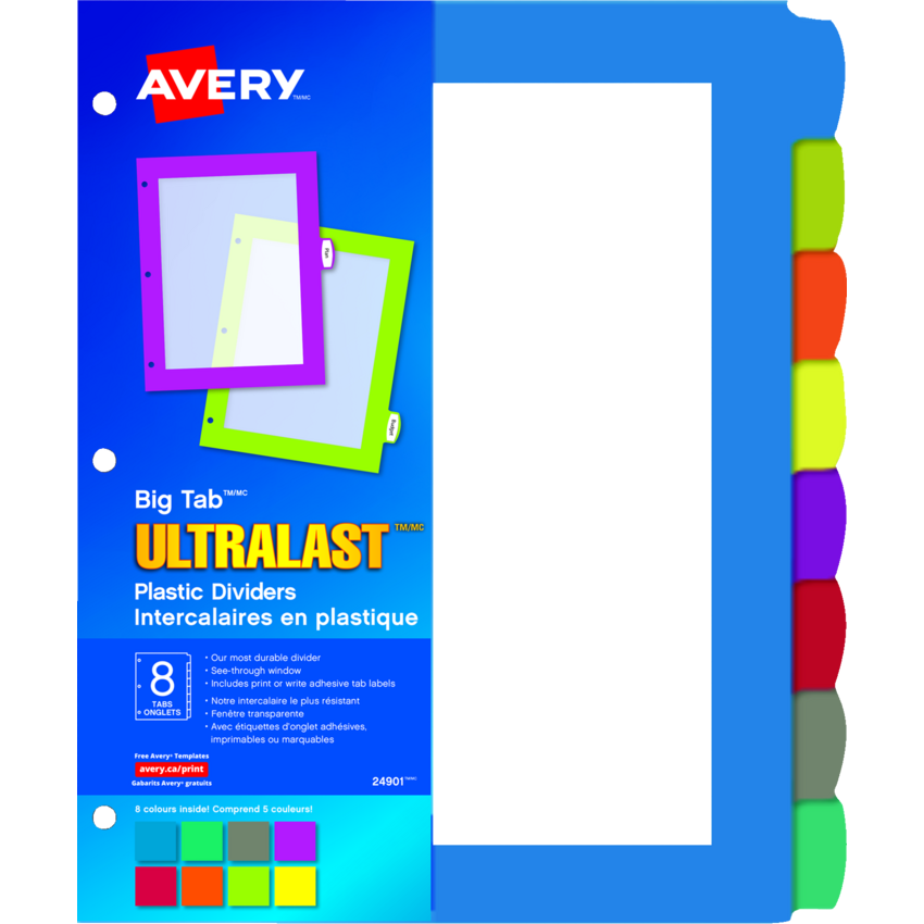 Avery® Big Tab™ UltraLast Plastic Dividers Assorted Colours 8 tabs/pkg