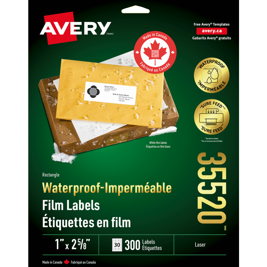 Avery® Waterproof Labels 1" x 2-5/8" Laser White 300/pkg