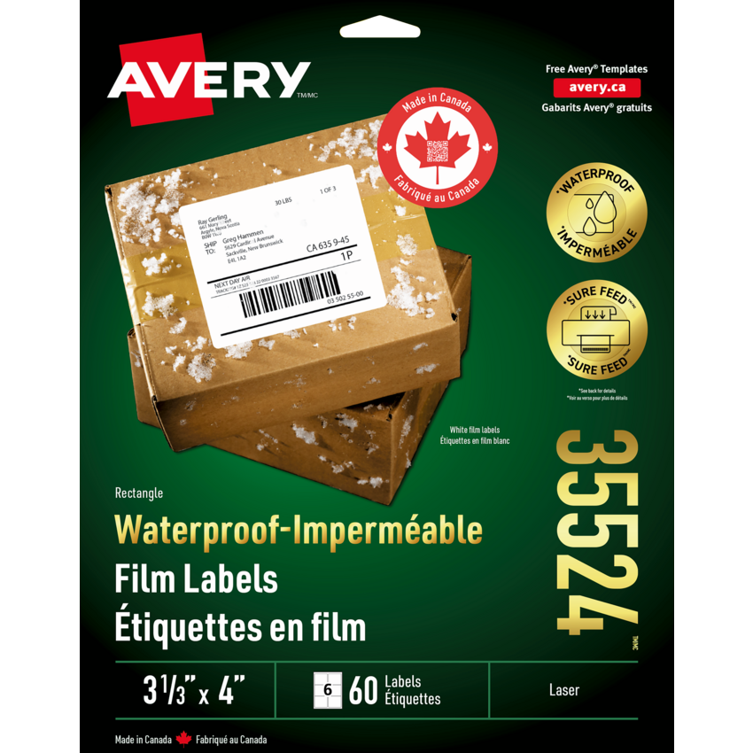 Avery® Waterproof Labels 3-1/3" x 4"  Laser White 60/pkg