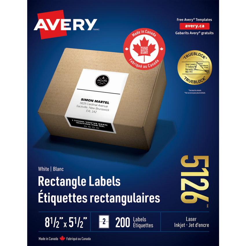 Avery® TrueBlock™  Shipping Labels 8-1/2" x 5-1/2"  (200 Labels) Laser and Inkjet White 200 labels/box