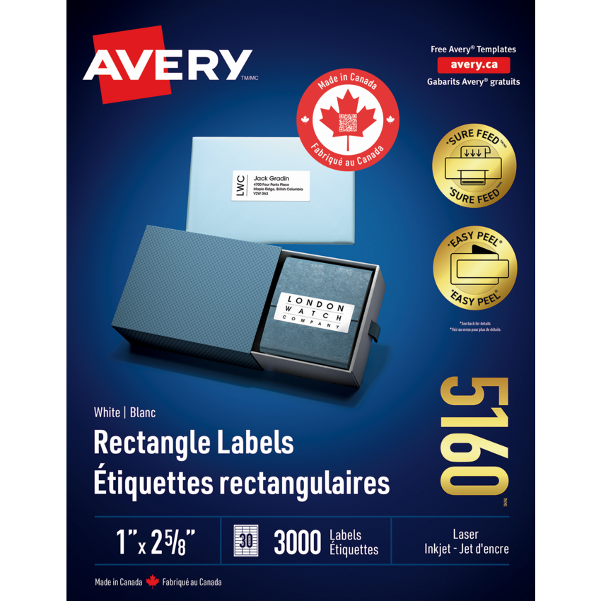 Avery® Easy Peel® White Rectangle Labels 1" x 2-5/8" (3,000 Labels) Laser and Inkjet White 100 sheets/box