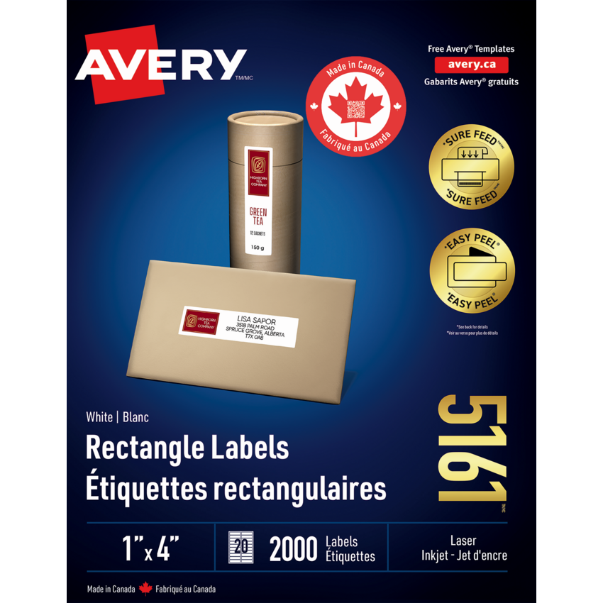 Avery® Easy Peel® White Rectangle Labels 1" x 4" (2,000 Labels) Laser and Inkjet White 100 sheets/box