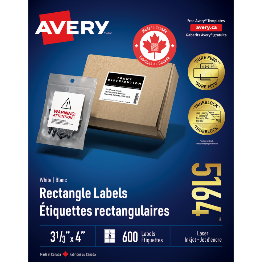 Avery® TrueBlock™  Shipping Labels 3-1/3" x 4" (600 Labels) Laser and Inkjet White 100 sheets/box