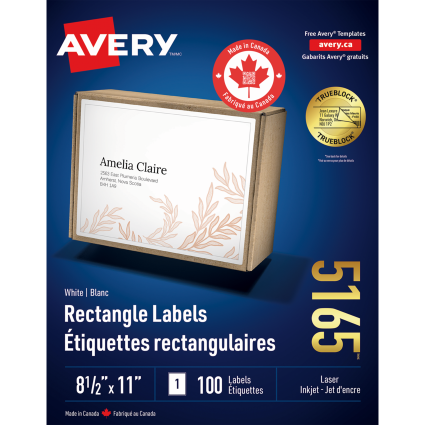 Avery® TrueBlock™  Shipping Labels 8-1/2" x 11" (100 Labels) Laser and Inkjet White 100 sheets/box