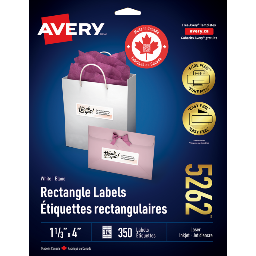 Avery® Easy Peel® White Rectangle Labels 1-1/3" x 4" (350 Labels) Laser and Inkjet White 25 sheets/pkg