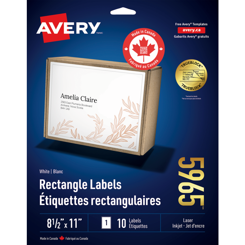 Avery® TrueBlock™  Shipping Labels 8-1/2" X 11" (10 Labels) Laser and Inkjet White 10 sheets/box