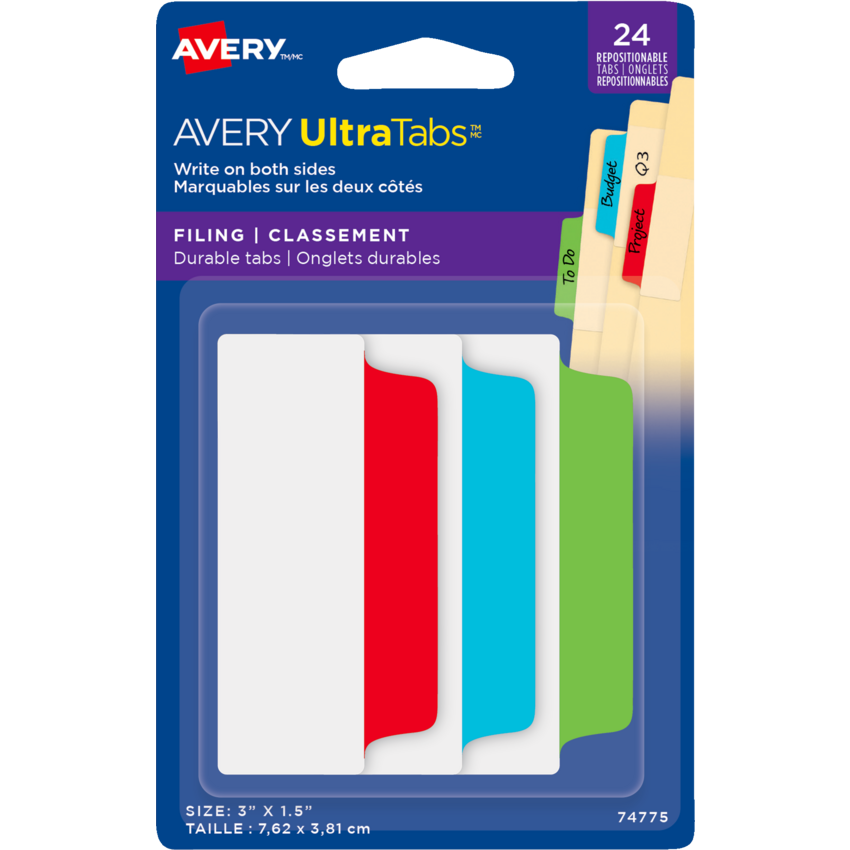 Avery® UltraTabs™ Filing Tabs 3" x 1-1/2" Primary Colours 24/pkg