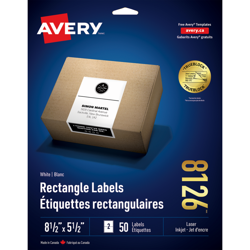 Avery® TrueBlock™  Shipping Labels 8-1/2" x 5-1/2" (50 Labels) Laser and Inkjet White 25 sheets/pkg