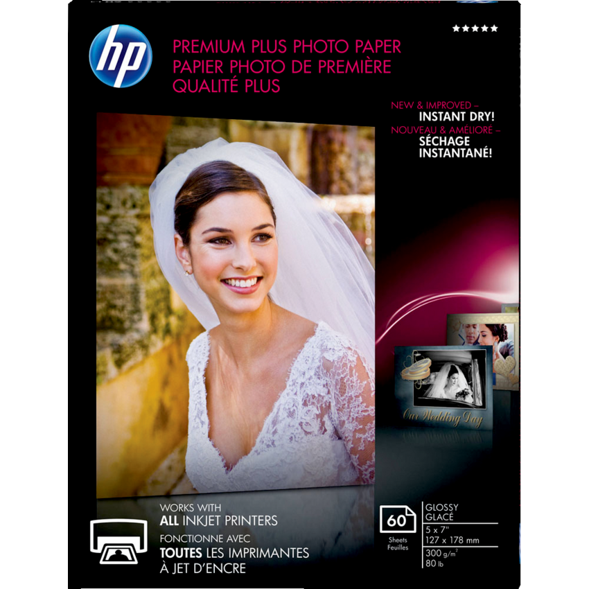 HP Premium Plus Photo Paper Glossy 80 lb 5" x 7" 60/pkg