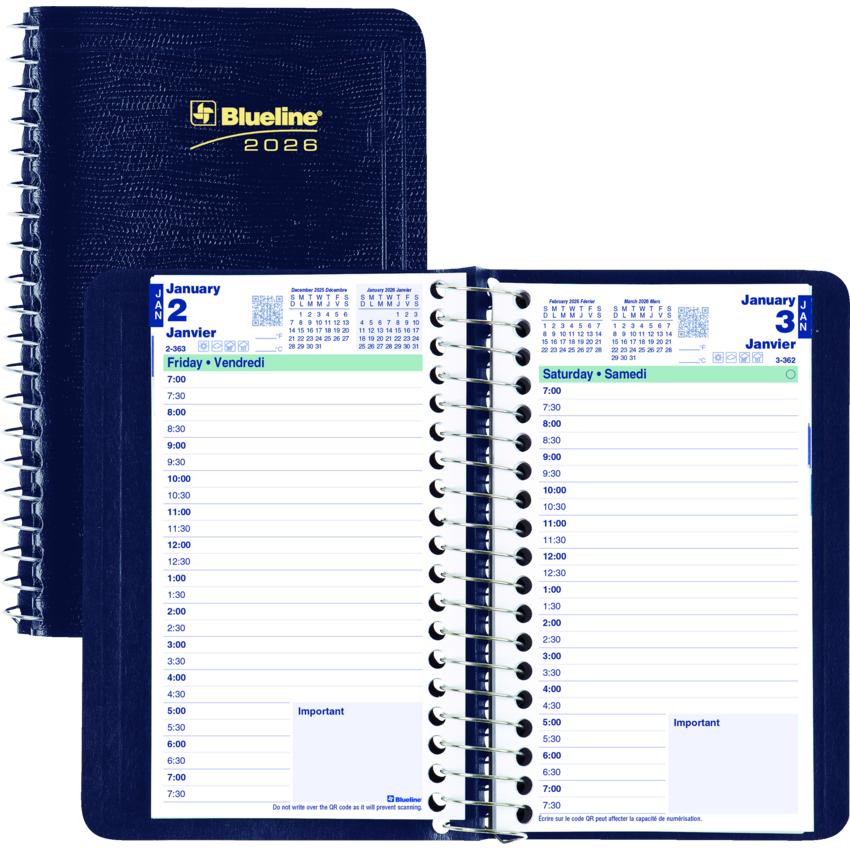 Blueline® Essential Daily Diary Spiral Bound Soft Cover 6" x 3-1/2" Bilingual Blue