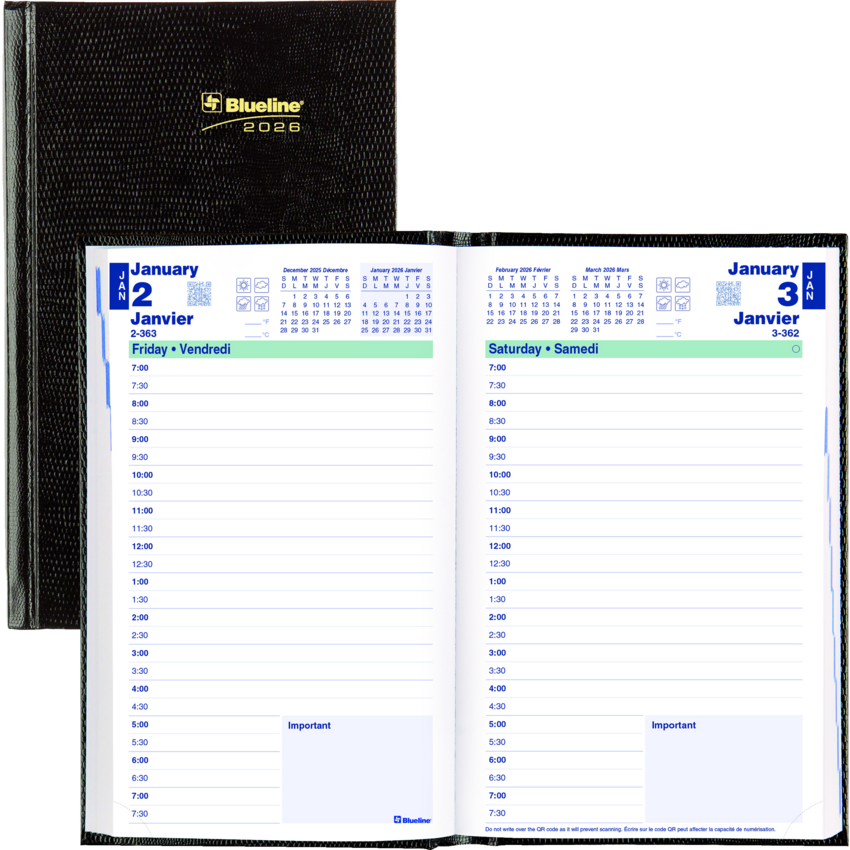 Blueline® Traditional Daily Planner Hard Cover Bound 8x5" Black Bilingual