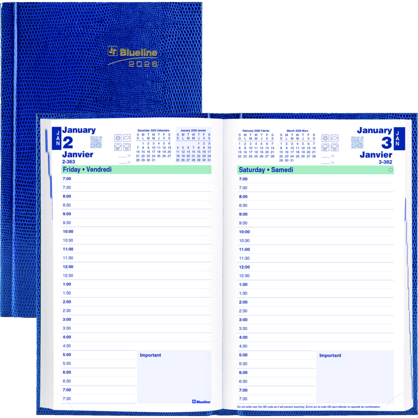 Blueline® Essential Daily Planner Hard Cover 8" x 5" English Blue