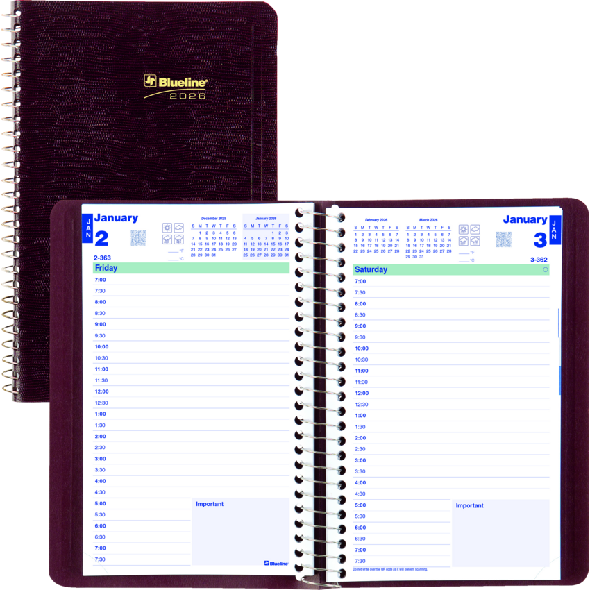 Blueline® Essential Daily Planner Soft Cover 8" x 5" English Burgundy