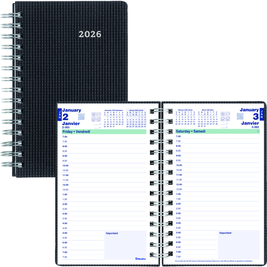 Blueline® DuraFlex™ Daily Planner Poly Cover 8" x 5" Bilingual Black