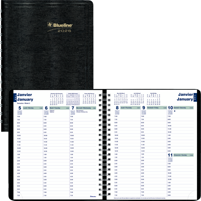 Blueline® Essential Weekly Planner Soft Cover 8" x 6-1/2" Bilingual Black