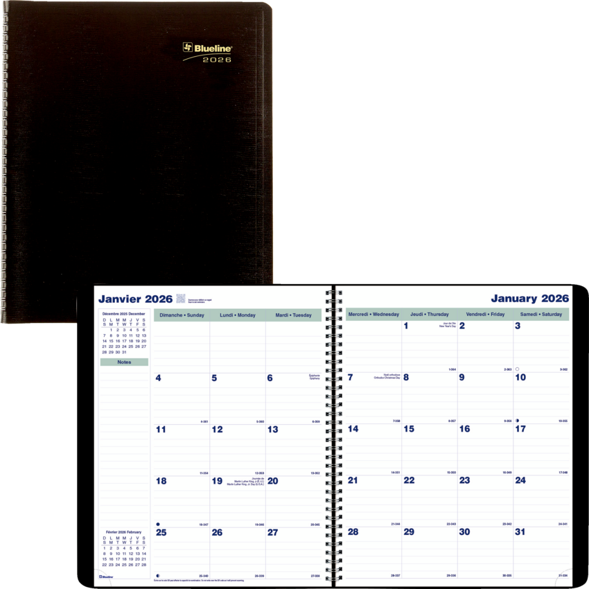 Blueline® Essential Monthly Diary Twin Wire Soft Cover 11" x 9-1/16" Bilingual Black