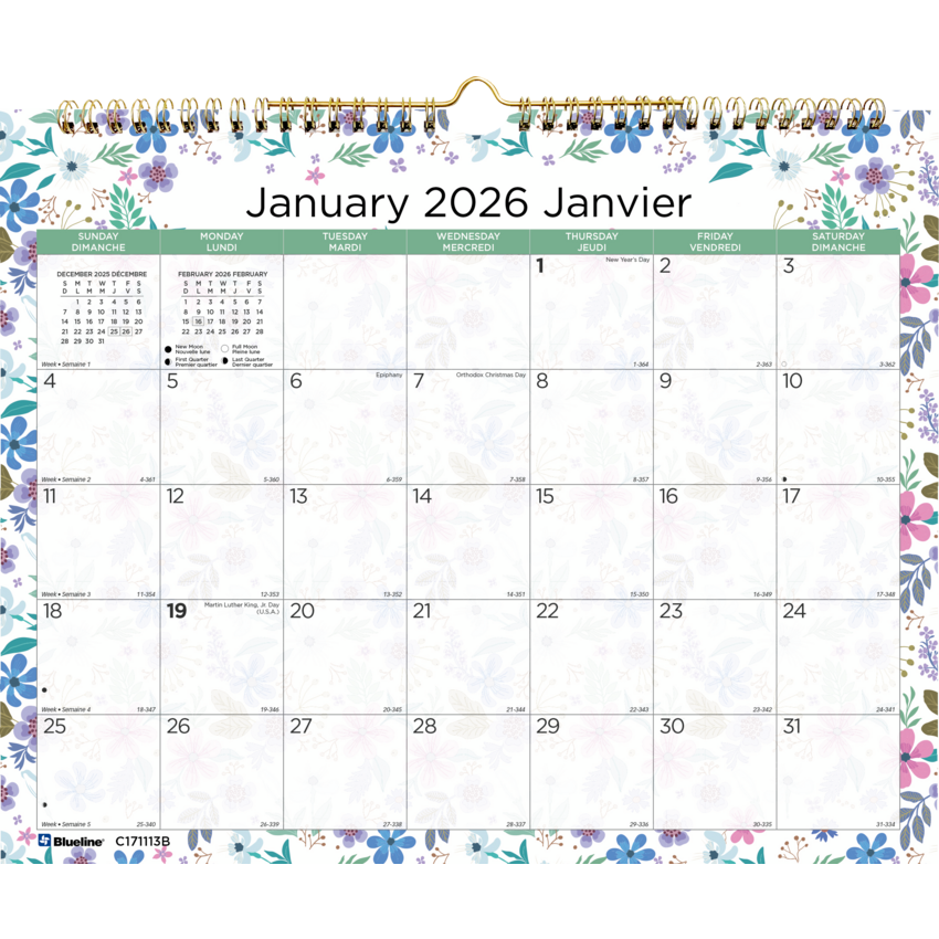 Blueline® Monthly Wall Calendars Twin wire bound 12 months 15" x 12" Bilingual Wildflowers