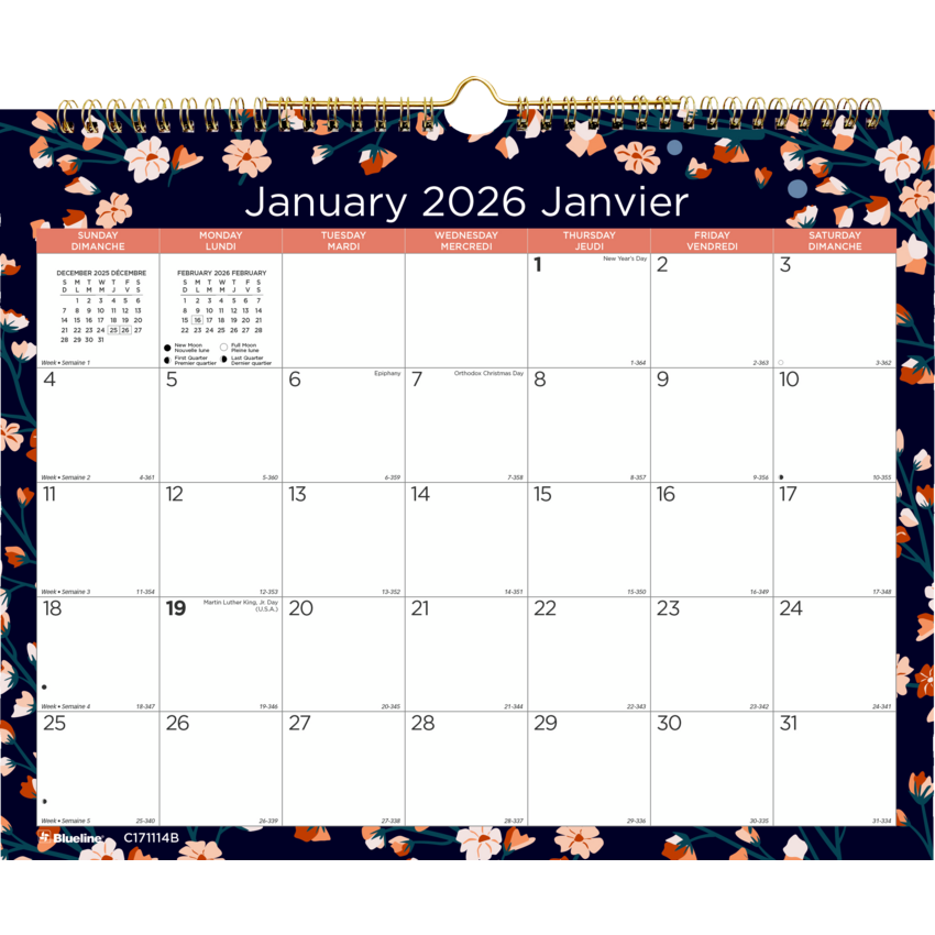 Blueline® Monthly Wall Calendars Twin wire bound 12 months 15" x 12" Bilingual Twilight Floral