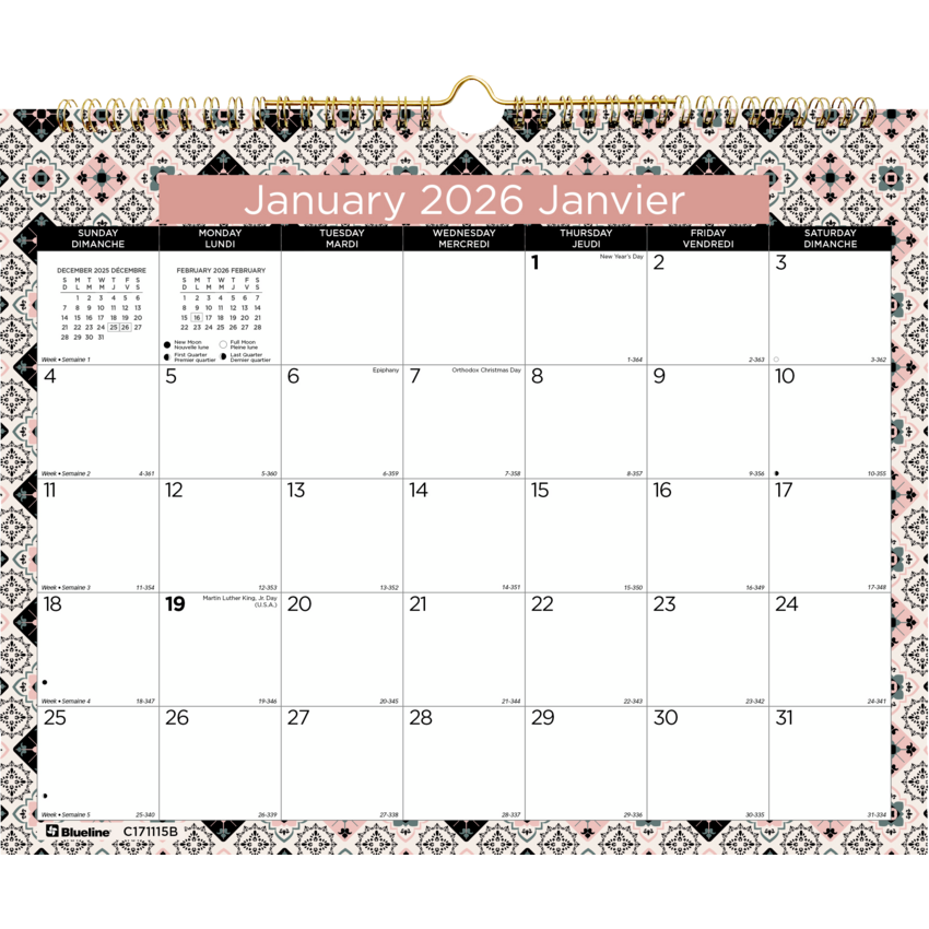 Blueline® Monthly Wall Calendars Twin wire bound 12 months 15" x 12" Bilingual Tiles