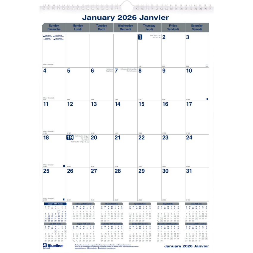 Blueline® Net Zero Carbon™ Wall Calendar 12" x 17" Bilingual
