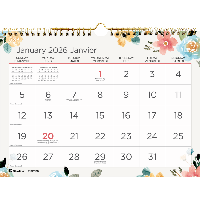 Blueline® Colourful Monthly Wall Calendar 11" x 8" Bilingual Hibiscus Design