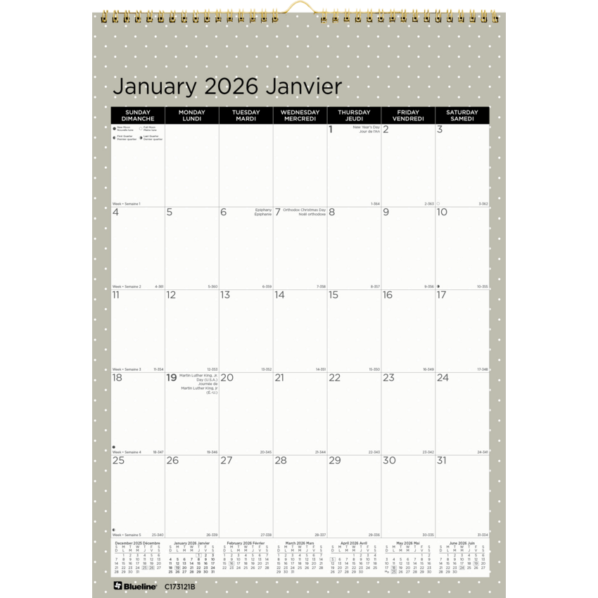 Blueline® Minimalist Design Wall Calendar 12" x 17" Bilingual Assorted Colours