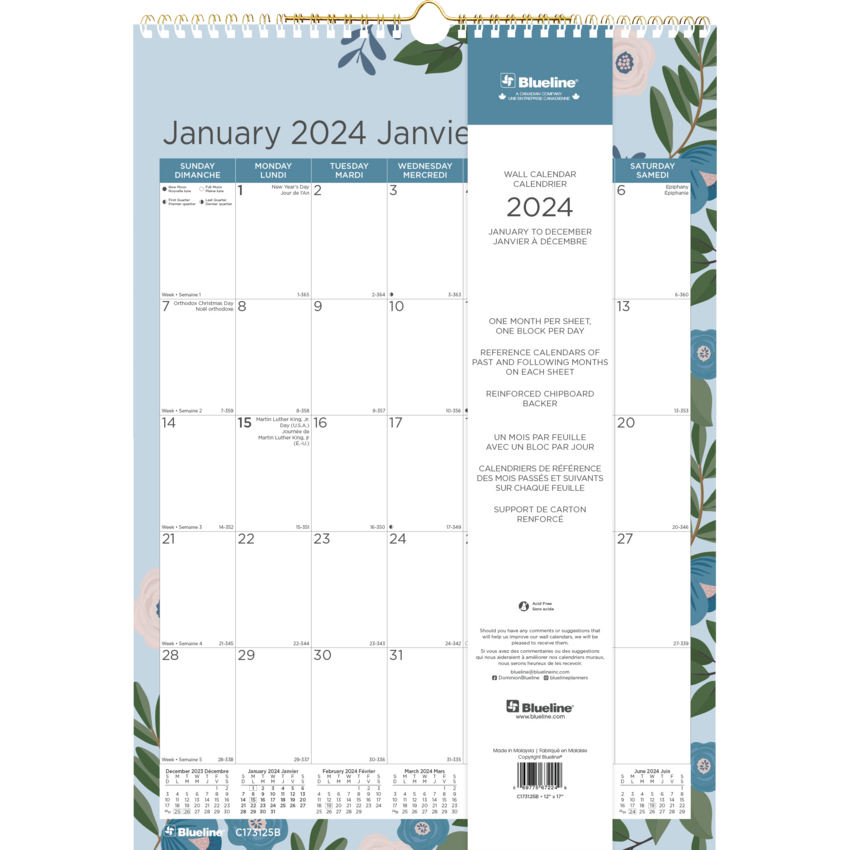 Blueline® Colourful Wall Calendar 12" x 17" Bilingual Azure Design