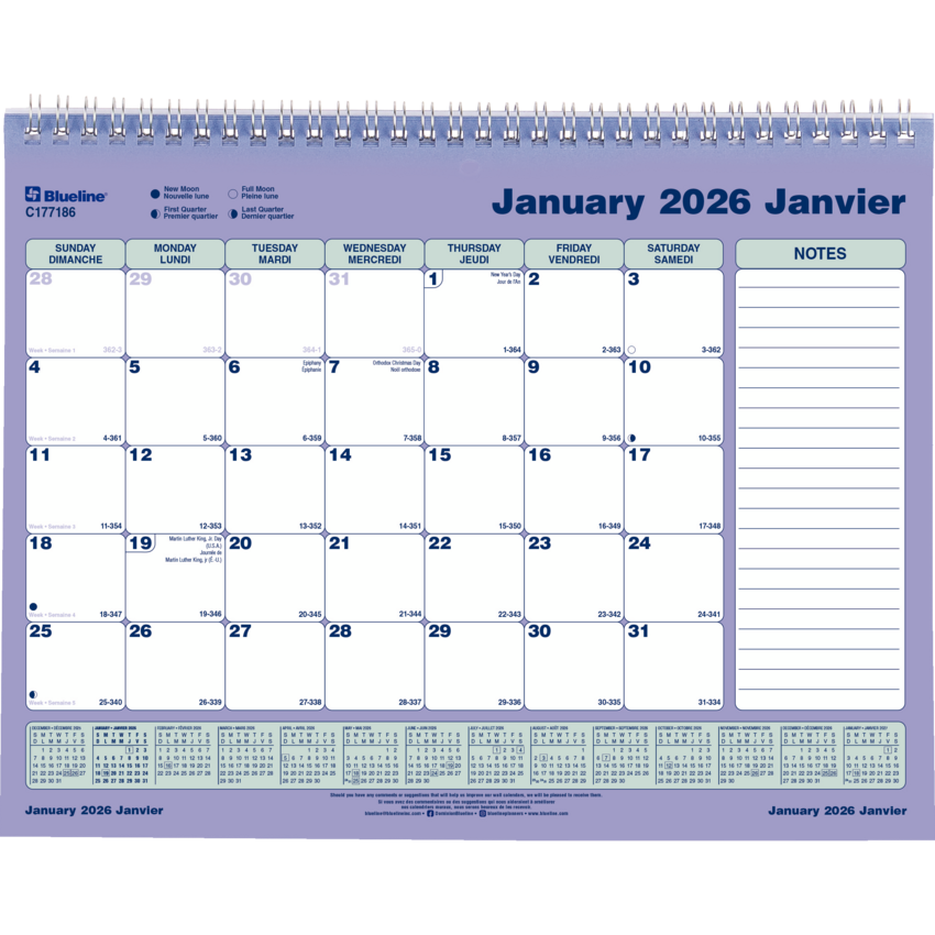 Blueline® Wall Calendar 11"x 8-1/2" Bilingual