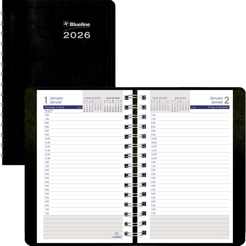 Blueline® DuraGlobe™ Daily Planner Soft Cover 8" x 5" Bilingual Black