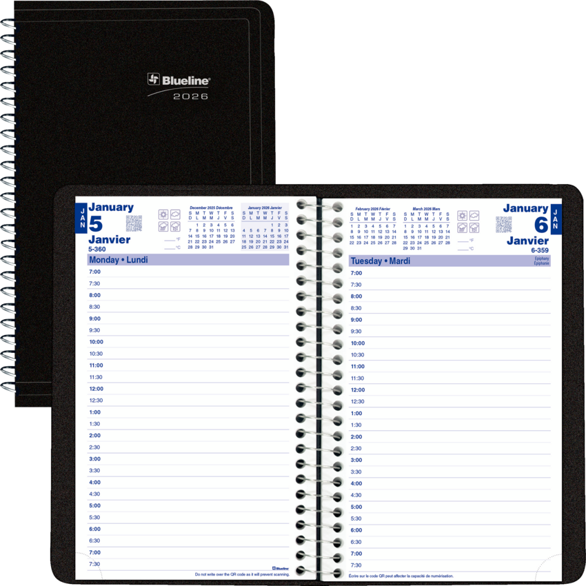 Blueline® Essential Daily Diary Spiral Bound Soft poly cover 8" x 5" Black Bilingual