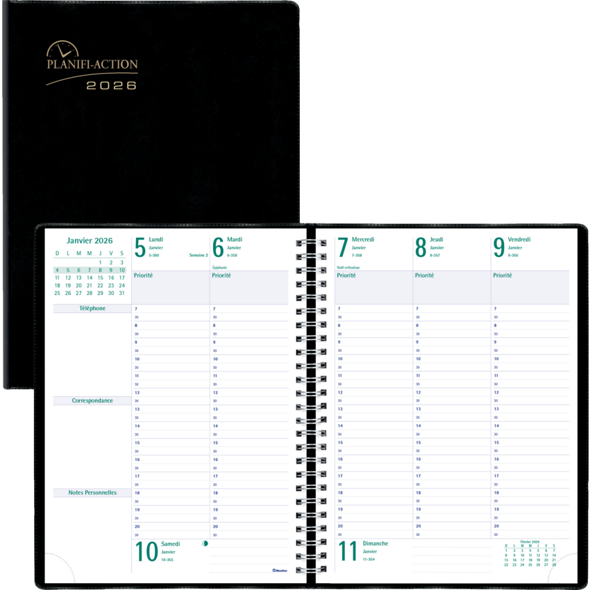 Blueline® Timanager® Weekly Business Diary Twin Wire Soft Cover 10-1/4x7-5/8" French Black