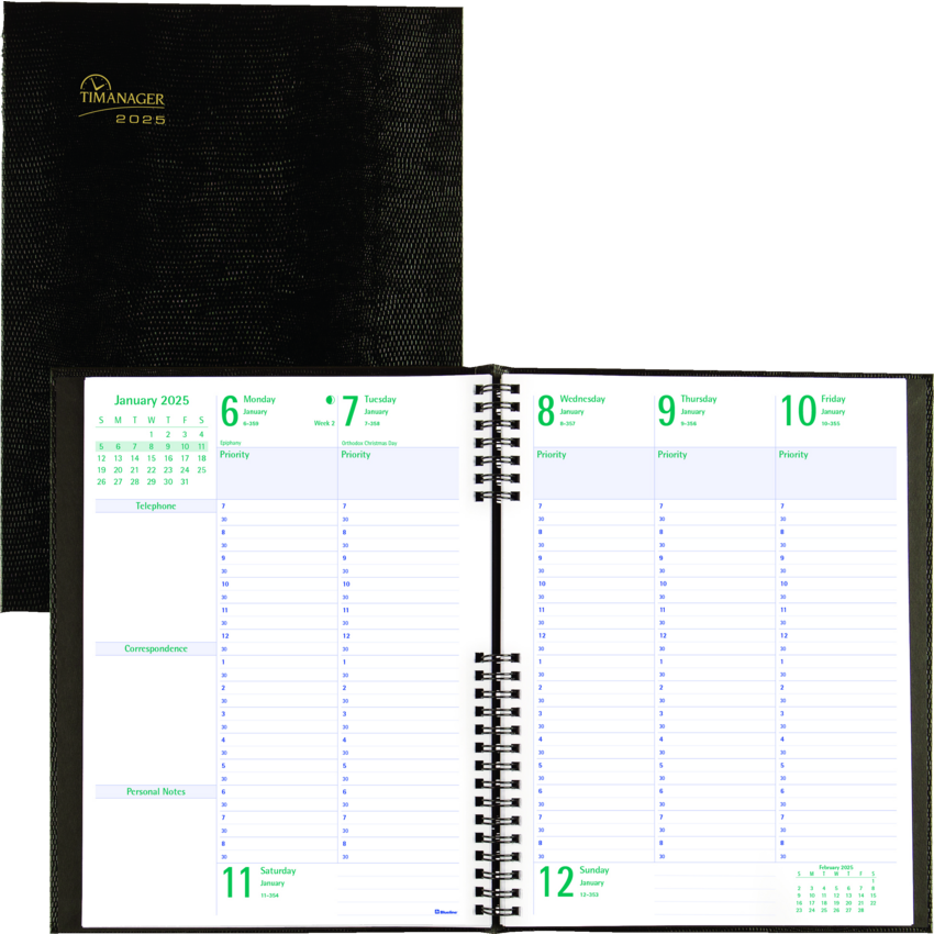 Blueline® Timanager® CoilPro™ Weekly Business Diary 10-1/4" x 7-5/8" English Black