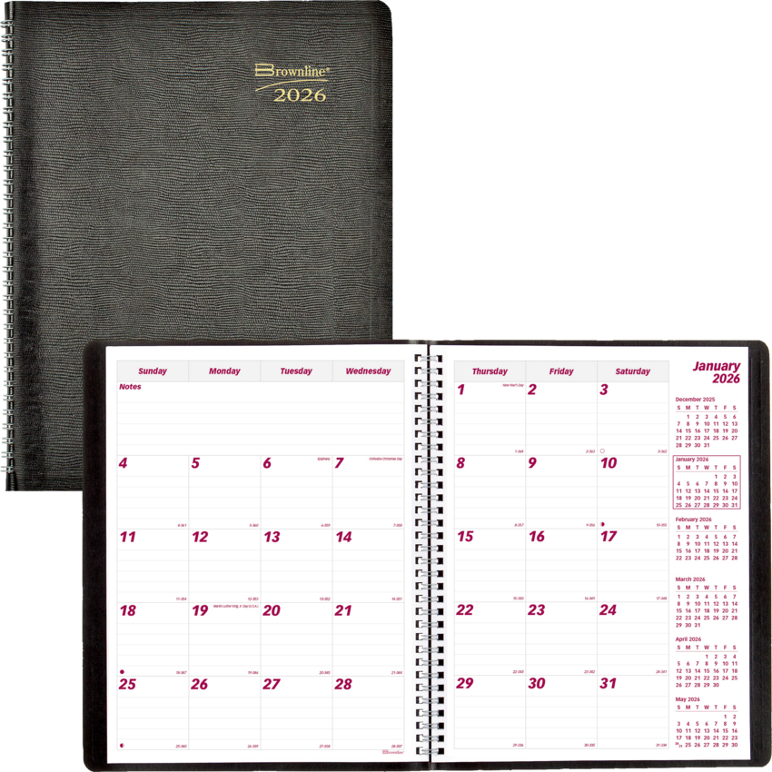 Brownline® Essential Monthly Diary 16 Month Soft Cover 11" x 8-1/2" English Black