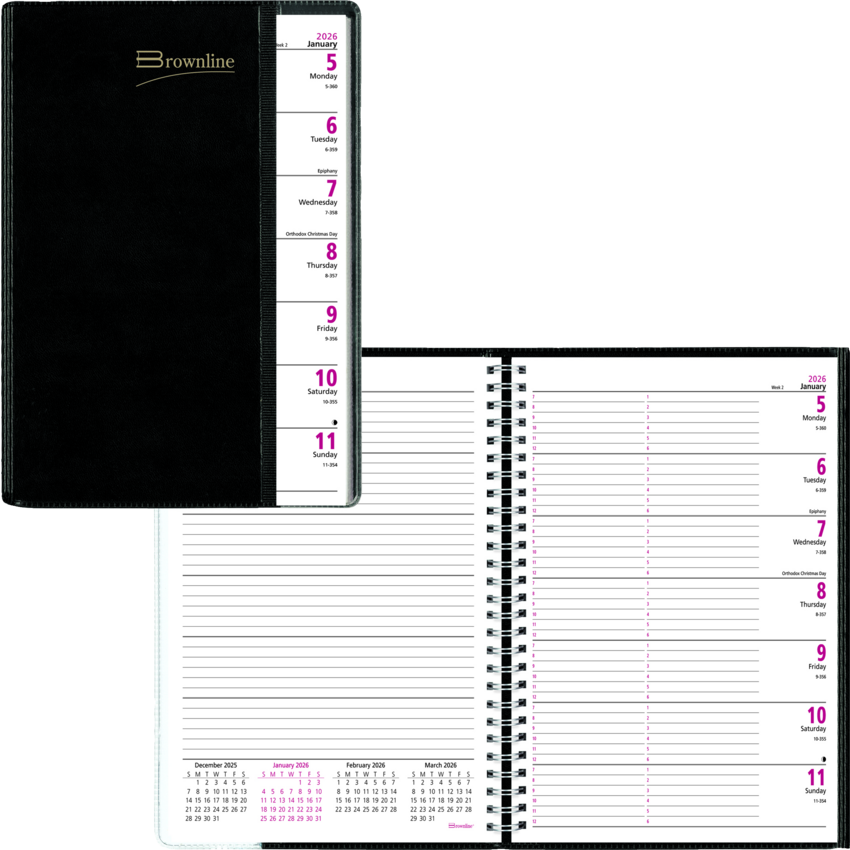 Brownline® Pre-Vu Weekly Planner 12 months 8-1/2" x 6-3/4" English Black